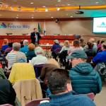 Mayor Jim Ferrel speaks to the crowd at a Feb. 29 informational meeting about the novel coronavirus. Officials from the citys emergency management division, South King Fire and Rescue, Federal Way Public Schools and others also presented. Courtesy photo
