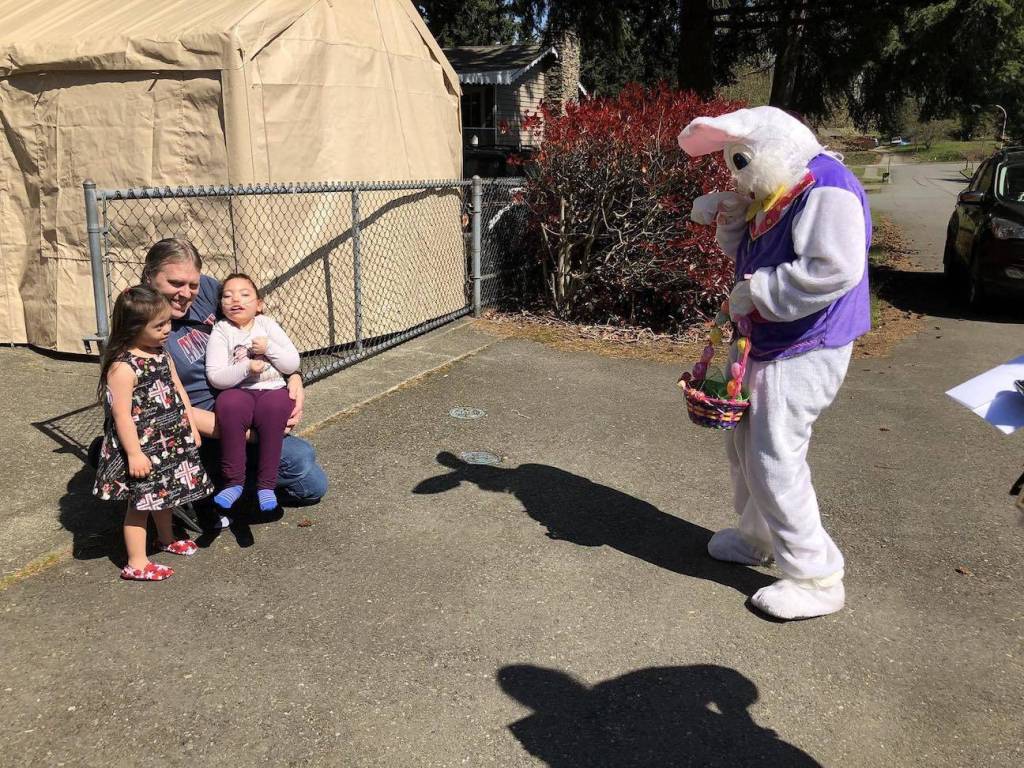 Marianna Tinza, 13, dressed in a bunny costume to visit local families on April 12. Courtesy photo