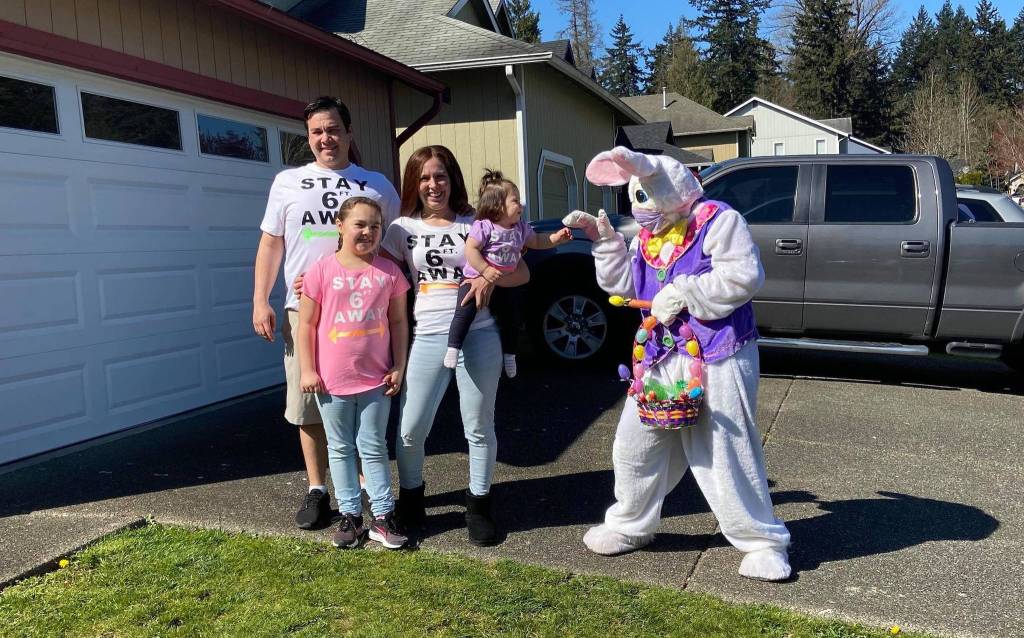 Marianna Tinza, 13, dressed in a bunny costume to visit local families on April 12. Courtesy photo
