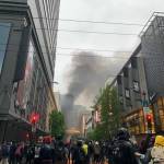 Black smoke rises from Westlake Center in Seattle as the Saturday afternoon protests result in several car fires and the looting of several downtown businesses on May 30. Courtesy photo