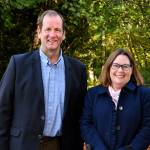 Councilmember Mark Koppang, left, pictured with Council President Susan Honda at the grand opening of the Brooklake Connector Trail in October 2019. Photo by Shelley Pauls