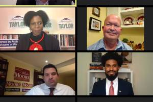 Clockwise from top left: Jamila Taylor, Jack Walsh, Jesse Johnson, and Martin Moore discuss a range of topics at the Mirror's virtual forum on Oct. 14.