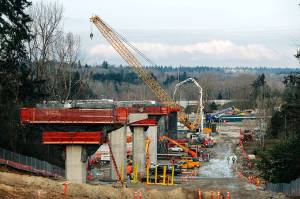 A shot looking north of the columns being constructed in SeaTac on Feb. 10, 2021, as part of the Federal Way Link Extension. Photo courtesy of Sound Transit
