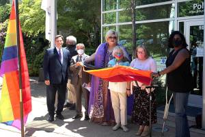 L-R: Mayor Jim Ferrell, Councilmember Hoang Tran, Serena Starr, Sen. Claire Wilson, Council President Susan Honda, and Councilmember Lydia Assefa-Dawson at the Federal Way pride flag raising event on June 1. Olivia Sullivan/staff photo