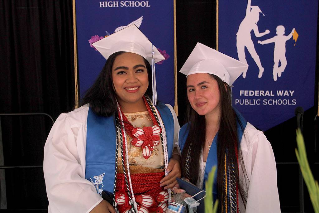 Federal Way Senior Class President Mele T. Tuuholoaki, left, and Link Crew Commander Iryna Baliyan pose for a photo on June 10. Olivia Sullivan/the Mirror