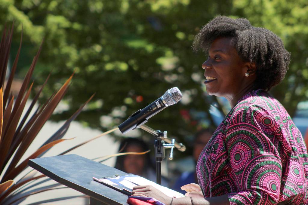 State Rep. Jamila Taylor speaks at the June 18 Juneteenth event in Federal Way. Olivia Sullivan/the Mirror