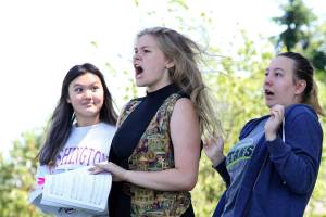 (L-R) Nikki Tran as Lucinda, Rachel Boettger as Florinda, and Chloe Longacre as Cinderella in Rosebud Children's Theatre production of "Into the Woods." Photo by Lindsey Miller