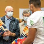 David and Peggy Beamer visited Todd Beamer High School, named after their son Todd Beamer, on Sept. 10. The Beamers were given a traditional blanket by the Native Education Program, a bereavement practice honoring mourning and moving forward. Photo courtesy of Federal Way Public Schools