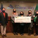 (L-R) Mayor Jim Ferrell, Amanda Miller, Amanda Santos, LeighAnn Myhre and Waste Management Public Sector Manager Han Kirkland. Olivia Sullivan/the Mirror