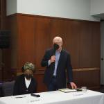 Henry Stewart-Wood/Sound Publishing
School board candidate Jim Storvick answers a question on Oct. 13. Seated next to him is candidate Trudy Davis.