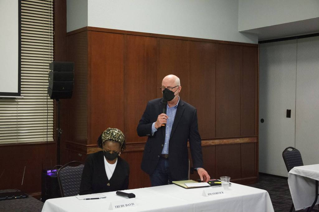 Henry Stewart-Wood/Sound Publishing
School board candidate Jim Storvick answers a question on Oct. 13. Seated next to him is candidate Trudy Davis.