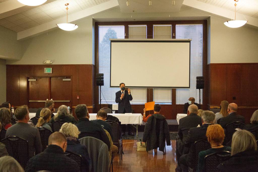 Mayor Jim Ferrell answers a question at the Federal Way Mirror forum on Oct. 13. Henry Stewart-Wood/Sound Publishing
