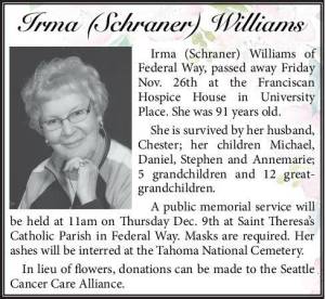 Irma (Schraner) Williams | Obituary