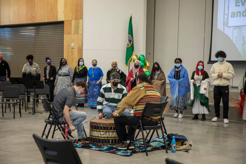 People at the event participated in a round dance while listening to a drum circle led by Federal Way resident Raymond Kingfisher. Photo courtesy of Federal Way Public Schools
