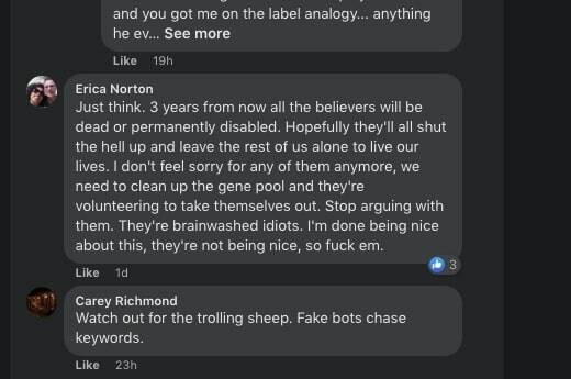 Councilmember Erica Norton took to social media on Jan. 30, stating people who have received their COVID-19 vaccines are brainwashed idiots. Her comments have since been deleted. Screenshot of Facebook taken by The Mirror