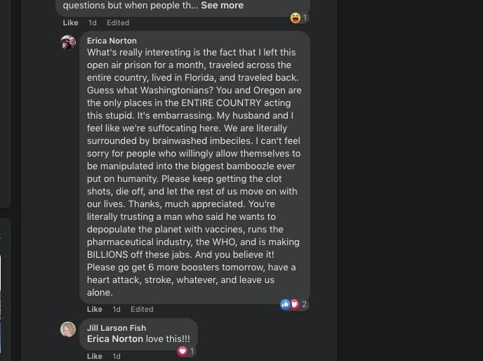 Councilmember Erica Norton took to social media on Jan. 30, urging people who have received their COVID-19 vaccines to Please keep getting the clot shots, die off … Her comments have since been deleted. Screenshot of Facebook taken by The Mirror