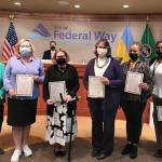 From left, Council President Linda Kochmar, Chamber CEO Rebecca Martin, Deputy Mayor Susan Honda, Lakehaven Commissioner Laura Belvin, Councilmember Erica Norton and Councilmember Lydia Assefa-Dawson pictured on March 1. City of Federal Way photo