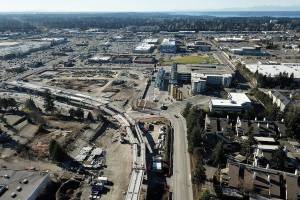 Looking west, the Sound Transit Federal Way Link Extension construction is taking shape in the citys core. Photo courtesy of Bruce Honda