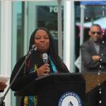 Diversity Commission Chair Trenise Rogers speaks as rain falls on June 17 outside Federal Way City Hall. Olivia Sullivan/the Mirror