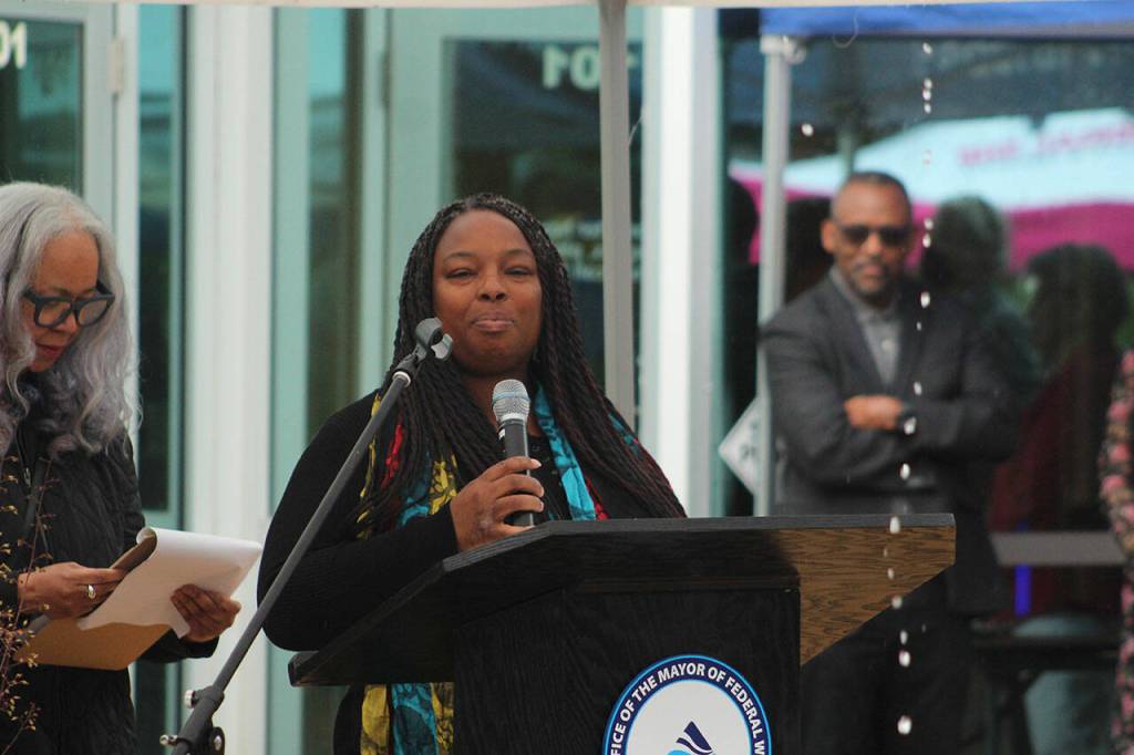 Diversity Commission Chair Trenise Rogers speaks as rain falls on June 17 outside Federal Way City Hall. Olivia Sullivan/the Mirror