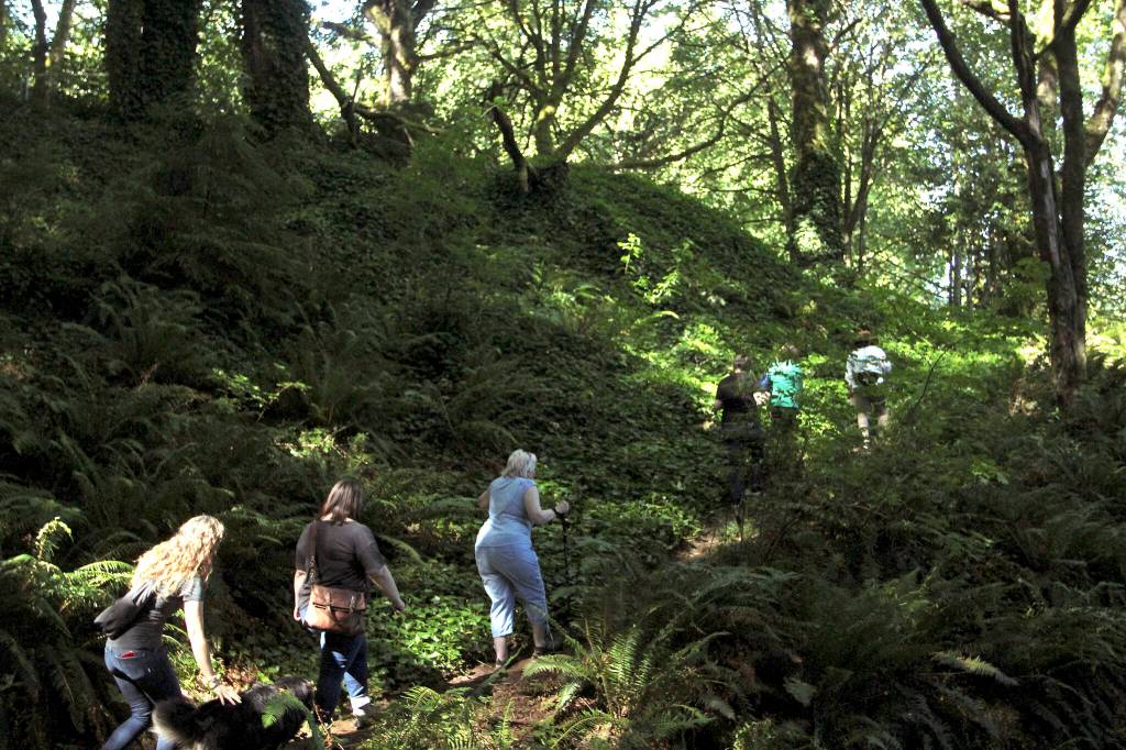 Members of Forterra, the YMCA of Greater Seattle and the Kilworth Environmental Education Preserve climb a path at Camp Kilworth. Olivia Sullivan/the Mirror