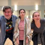 Ben Stahl, Taylor Davis and Cassie Jo Fastabend perform a scene from The Oregon Trail in rehearsals. Photo courtesy of Kyle Sinclair