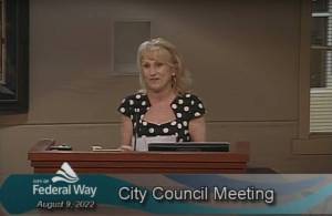 Screenshot from YouTube
Shelly Cain addresses the Federal Way City Council and gathered audience during their Aug. 9 meeting, in which Cain was recognized for her volunteer work at the citys Friendship Theatre program.