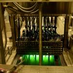 These green UV lights at the treatment plant help disinfect the wastewater near the end of its treatment process.