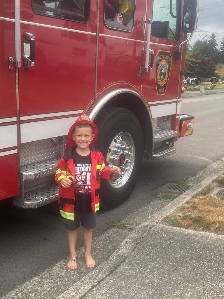 In these photos shared by Brianna Loran, her sons Lucas (pictured) and Sebastian enjoy a recent visit from firefighters for Lucas 5th birthday. Sebastian, 2, nearly died in January after suffering a medical event, but he was saved by a fire crew that arrived in time. Courtesy photo