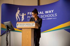 Dr. Dani Pfeiffer speaks to a full house at the Greater Federal Way Chamber of Commerce luncheon at the Federal Way Performing Arts and Event Center on Nov. 2. Photo courtesy of Federal Way Public Schools