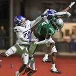 Skylines Marcus Angiuli has a pass defended by Federal Way defenders Rahshawn Clark and Zamaire Tellez. Photo courtesy of Jim Nicholson