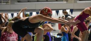 Thomas Jefferson High School swimmers get ready to dive into the pool at the state championships in Federal Way. Photo by Ben Ray/the Mirror