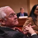 Longtime political columnist Bob Roegner listens as various public officials thank him for his service to South King County, his leadership and his fashion sense. Alex Bruell/The Mirror