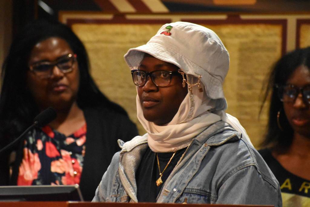 A local student shares details of the plans for Thomas Jefferson High Schools Black History Month, to include include historic black movies and educational presentations. Alex Bruell / The Mirror