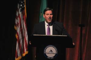 Federal Way Mayor Jim Ferrell spoke to the citys business opportunities and his desire to see legislative change in policing during the Feb. 16, 2023, State of the City Address. Alex Bruell / The Mirror