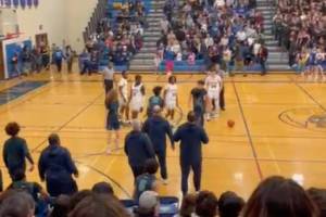 Screenshot of a video that shows the start of the tussle at the Todd Beamer High School vs. Stadium High School boys basketball game Feb. 17.
