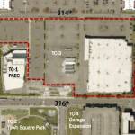 This image from the City of Federal Way shows a map of the TC-3 development area (outlined in red). TC-1, the Performing Arts and Event Center, is to the west; TC-2, Town Square Park and TC-4, the parking garage expansion, are southward.