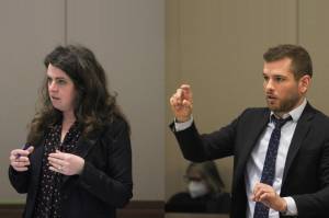 Alex Bruell / The Mirror 
In this composite picture, a prosecuting attorney (left) and Nicholas defense attorney (right) argue over pre-trial motions during the first day scheduled in the trial against Patrick Nicholas, accused of the 1991 murder of Sarah Yarborough. Judge Josephine Wiggs asked attending news media reporters not to photograph Nicholas in court at this time, as jury selection has not yet begun.
