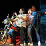 Grover Underwood (Joseph Flores), Percy Jackson (Drake Hedrick) and Annabeth Chase (Cam Morse) hitch a ride with god of war Ares (Isaac Tapia) on their quest to reach the Underworld. Alex Bruell / The Mirror