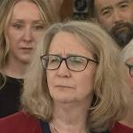 Laura Yarborough speaks to the news media after the sentencing of Patrick Nicholas, who murdered her daughter in 1991. Photo via broadcast video feed.