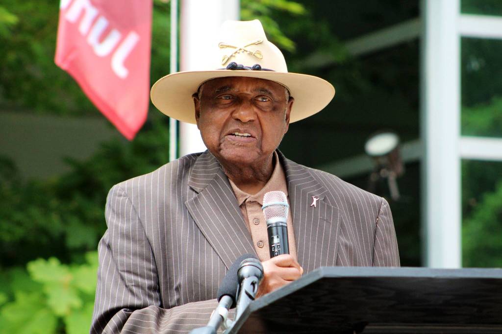 Willie Stewart, President of the Buffalo Soldiers Museum in Tacoma, reads the Emancipation Proclamation. Alex Bruell / The Mirror