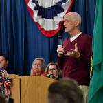 Photo by Bruce Honda. 
Congressman Adam Smith speaks to the crowd at the Flag Day event.