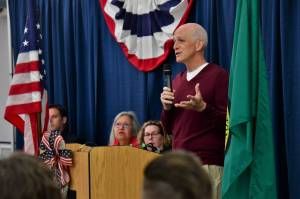 Photo by Bruce Honda. 
Congressman Adam Smith speaks to the crowd at the Flag Day event.
