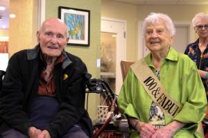 Alex Bruell / The Mirror 
Village Greens two centenarians, World War II veteran Leo Thoennes and Esther Vine, celebrated Vines 100th birthday on June 16 at Federal Ways Village Green retirement home.