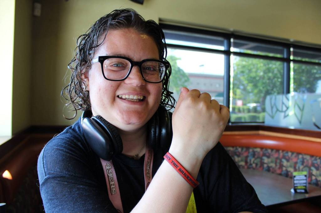 Samantha Fine wears a bracelet that reads COREY THE BRICKHOUSE  referencing her friends skill in Special Olympics. Alex Bruell / The Mirror