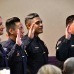 Photo by Bruce Honda. 
From left to right: Corporals Hilary Mariani, Jae An, Ricardo Cuellar and Eric Reyna are sworn in during the July 5, 2023 city council meeting.