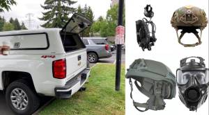 Photos of the Curtis Blue Line truck, which was broken into, and photos of the stolen items. Stolen items in photo include scuba diving equipment, two different helmets, and a scuba diving mask. (Photos courtesy of Federal Way Police Department)