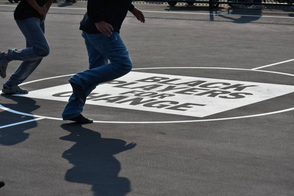 Black Players For Change is one of the main sponsors of the mini soccer pitch. (Ben Ray / The Mirror)