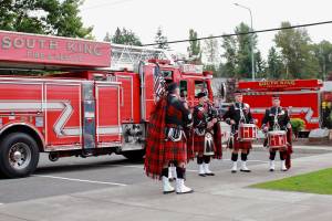 After a moment of silence, Puget Sound Pipes and Drums performed in honor of those that had fallen. Photo by Keelin Everly-Lang / The Mirror