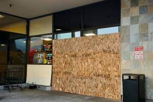 The west entrance where a truck backed into the Twin Lakes Safeway is currently boarded up. Photo by Keelin Everly-Lang / The Mirror